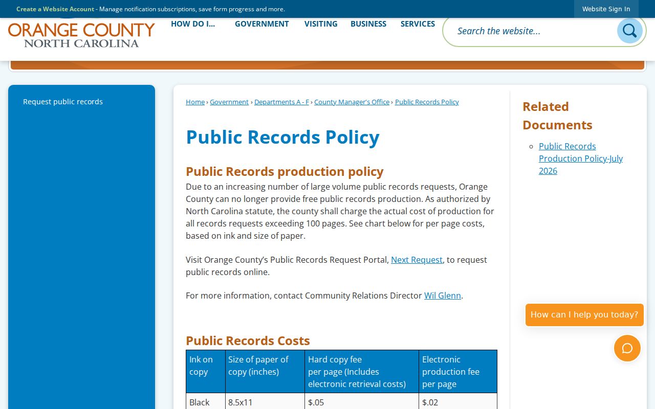Chapel Hill residents directory Orange County public records policy