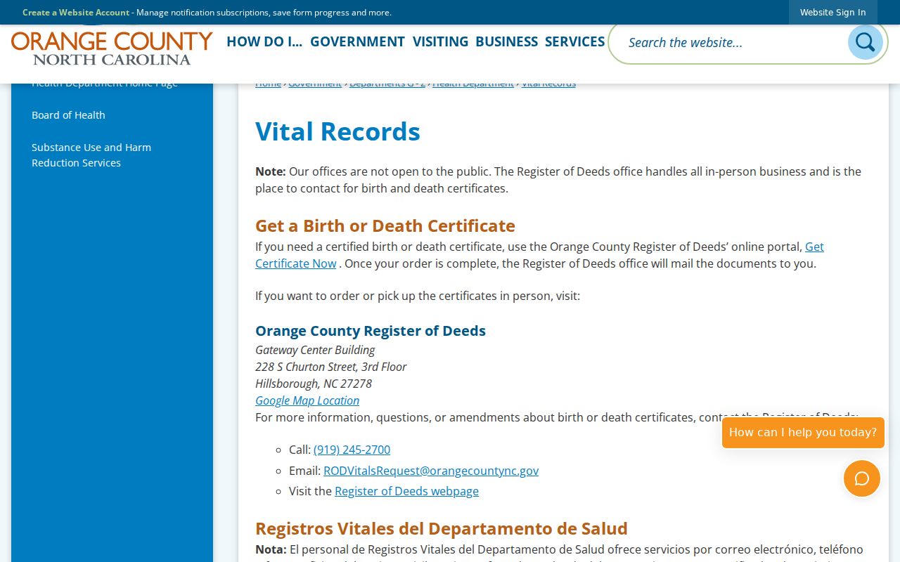 Chapel Hill resident lookup view of Orange County vital-record services