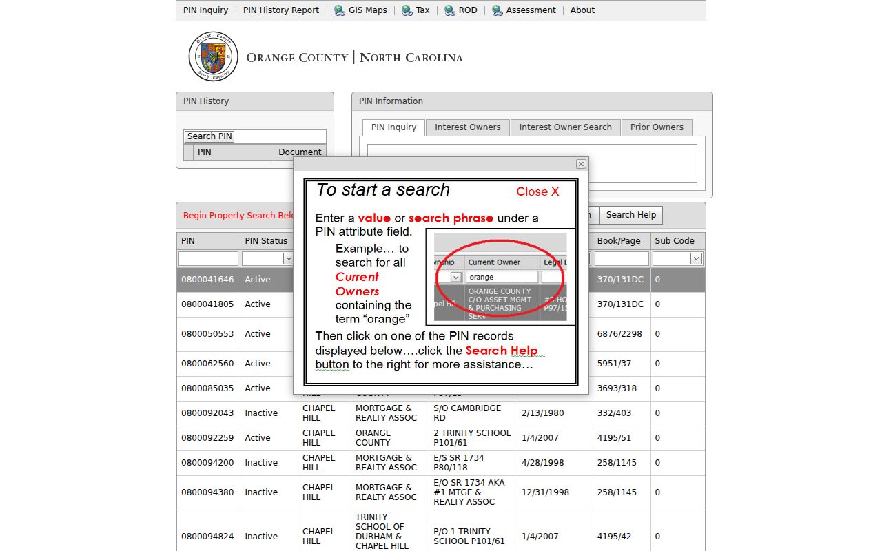 Chapel Hill street directory Orange County PIN Inquiry search screen