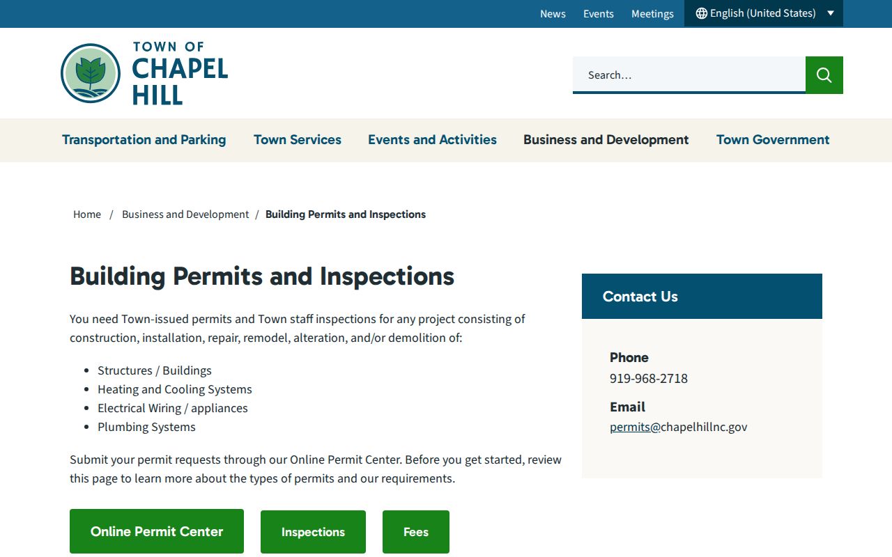 Chapel Hill street directory Building Permits and Inspections portal information